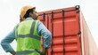 © VAKSMANV - Back view portrait of young African-American worker of freight transportation company standing looking at red container. Focused hard-working man employee managing uploads and unloads.