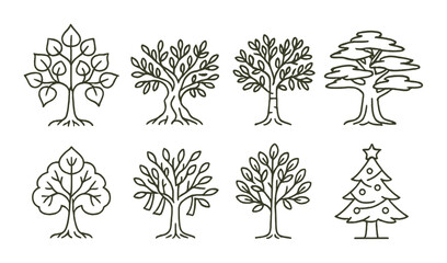 sacred tree outline icons set – linear, nature and botanical symbols