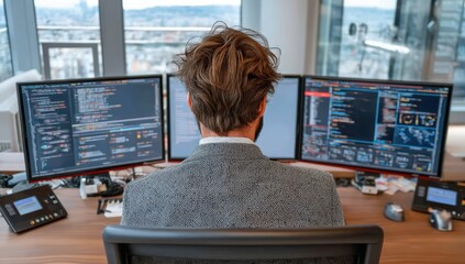 A professional programmer works at a desk with three monitors displaying code and data in a modern office with city views.