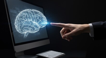 Brain Innovation Concept - A hand points to a computer screen displaying a brain, symbolizing AI, intelligence, technology, innovation, and future