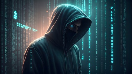 a hooded figure in a digital world with binary code falling in the background and a glowing eye