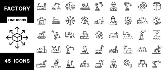 Poster - Factory Line Icons Set Featuring Industrial Buildings, Manufacturing, Automation, Assembly Line, Robotics, Logistics, Engineering, and Production Operations