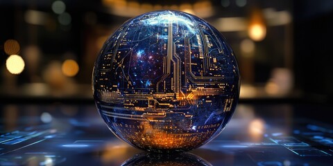 Aufkleber - A detailed look at a futuristic orb, mirroring a galaxy, with intricate circuitry etched on its surface, merging technology with cosmic wonder.