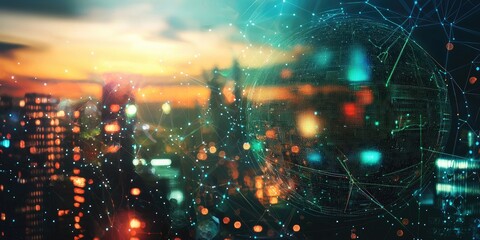 Aufkleber - A futuristic alien world with interconnected smart cities, organic tech structures, and a vibrant, glowing atmosphere.