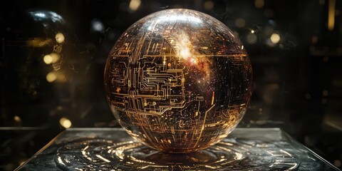 Aufkleber - A detailed look at a futuristic orb, mirroring a galaxy, with intricate circuitry etched on its surface, merging technology with cosmic wonder.