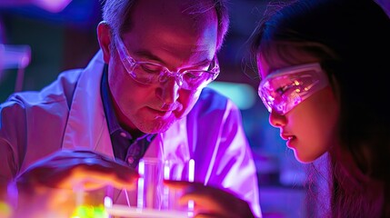 Poster - a teacher helping a student with an experiment, focus on hands and attentive expressions, warm lighting enhances the interactive learning