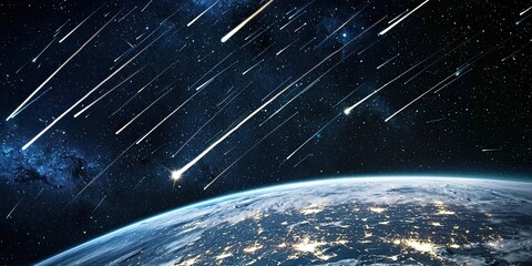 Aufkleber - a meteor shower over Earth, with bright streaks of light crossing the night sky, captured from orbit.