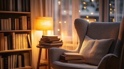 Aufkleber - A cozy office nook with soft lighting, close-up of a comfortable chair and a stack of books, focus on the inviting atmosphere