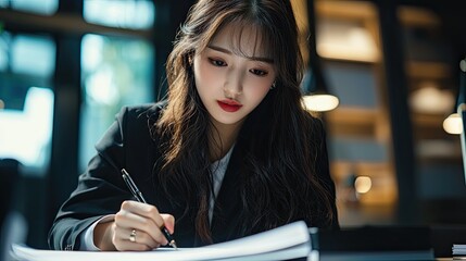 Aufkleber - a businesswoman signing important documents, professional attire and organized workspace reflecting career-focused determination