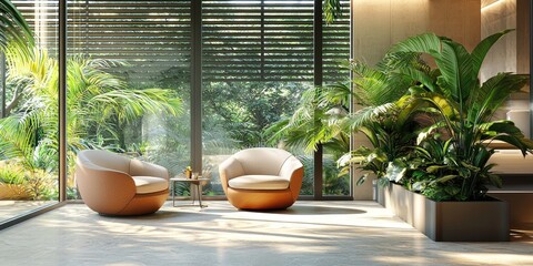 Fototapete - Sleek office interior with ergonomic furnishings, greenery, and a modern aesthetic fostering a productive workspace.