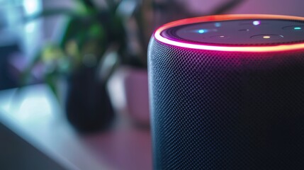 Poster - A close-up view of a smart speaker with a lit LED ring that activates in response to voice commands, seamlessly connected to various devices.