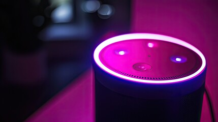 Poster - A close-up view of a smart speaker with a lit LED ring that activates in response to voice commands, seamlessly connected to various devices.