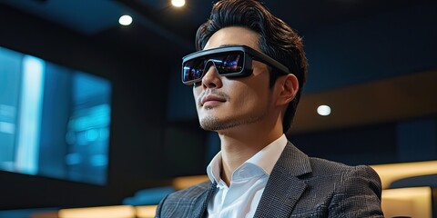 Fototapete - Business professionals leverage gadgets like smart glasses and portable projectors to create a dynamic work environment.