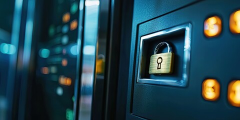 Poster - a bank terminal with a   ecure Transaction  message, emphasizing  afety with padlock and  hield visuals.