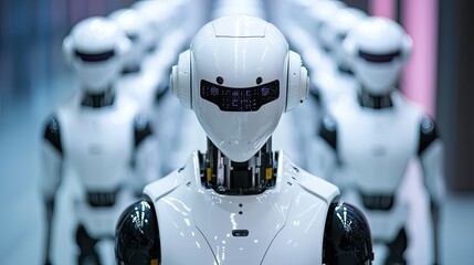 Poster - A detailed perspective presents a robotic control system, where a centralized interface oversees multiple autonomous robots working in sync.