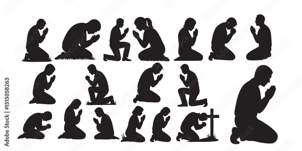 people praying vector silhouettes set black color isolated on white ...