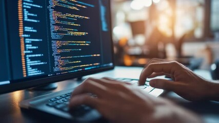 Programmer coding on laptop with code on screen software development