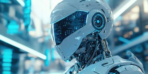 Poster - a futuristic structure with advanced robotics, sleek design features, smart technology, and a high-tech urban backdrop.