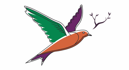 illustration of a colorful bird flying near a branch with sparse leaves
