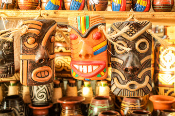 indigenous crafts, baked clay masks, sold to tourists at the ver o peso fair, in the city of belém, 