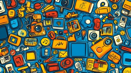 a colorful, detailed pattern of diverse, hand-drawn electronic devices.