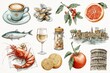 © Natalia - Watercolor illustration featuring various Italian culinary delights including seafood, citrus fruits, wine, and iconic landmarks, showcasing the rich gastronomic culture and heritage of Italy