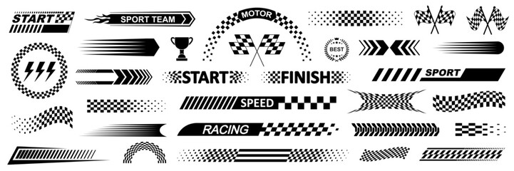 racing cars and race car stripes set, angled checkered patterns, checkered flag, start and finish li
