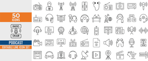 Wall Mural - 50 editable line icons for podcast and radio design vector illustration. podcast set of web icons in