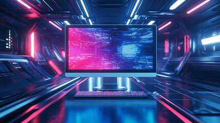 frameless desktop monitor floating in a high-tech digital lab, neon lights reflecting off the floor, holographic data on screen, metallic textures and cyberpunk color palette (blue, magenta, black).