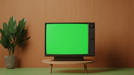 Wall Mural - Vintage Television Set with Green Screen on Mid-Century Modern Table Against Textured Orange Wall