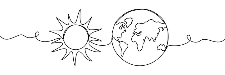 Wall Mural - Continuous line drawing sun and Earth globe. Vector illustration isolated on white.