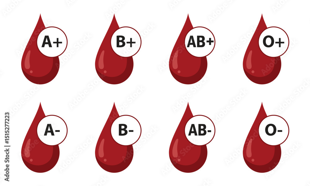Vetor Eight blood groups red blood drop icons with various blood types ...