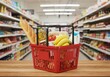 © Thecreator T - Red shopping basket filled with groceries on a wooden table in a supermarket