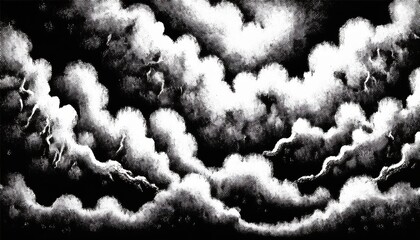 Poster - dense halftone cloud texture in monochrome black and white with dramatic atmospheric contrast, ideal for retro poster, comic design, vaporwave background, or graphic novel illustration

