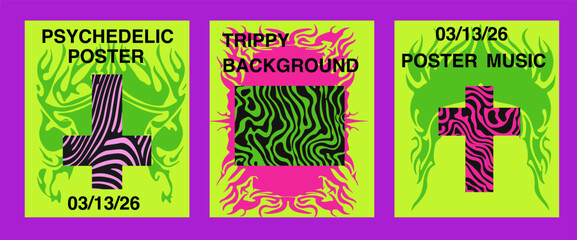 Aufkleber - Bold vector posters in Neo-Psychedelic and Y2K styles, featuring vibrant pink and yellow, optical illusions, and neo trible elements, matching the current trend for eye-catching visuals.