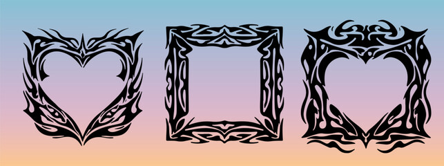 Fototapete - Vector illustration with bold cyber sigilism shapes: a rectangular frame, heart motif, and ornate border on pastel gradients. Features futuristic Y2K style, popular in current digital design.