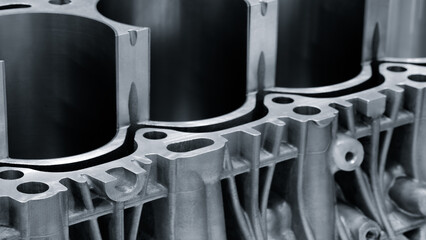 Aufkleber - cylinder block of diesel engine repair.  Close-up of the cylinder block in blue tone.  Car engine cylinder heads. Industry car service concept blue tone background