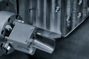 Poster - Titanium blade of aircraft turbine in CNC machining, industrial concept background