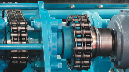 Poster - Drive is a blue machine with a chain and gears. chain is black and the gears are silver industrial concept background