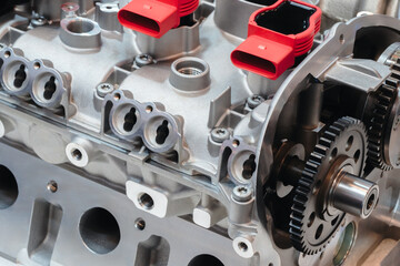 Aufkleber - A close up of a car engine with a lot of detail. The engine is a complex piece of machinery with many parts and components. Concept of awe and admiration for the engineering and design of the engine