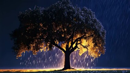 Wall Mural - Dramatic tree in rain at night, illuminated with golden light