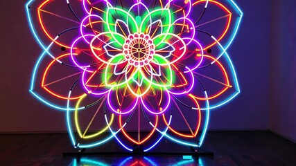 Aufkleber - Colorful neon flower display brightens an art installation, showcasing vibrant lights and intricate designs in modern decor, perfect for enhancing ambiance in indoor settings