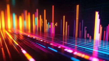 Aufkleber - Colorful neon bar graphs and lines representing digital data analysis on a futuristic, glowing grid background.