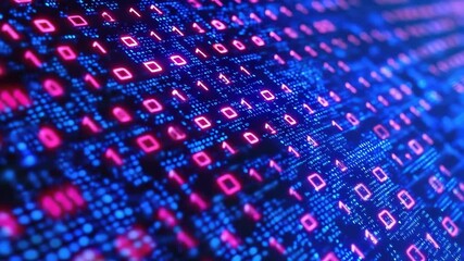 Fototapete - A vibrant digital display with glowing binary code in pink and blue, symbolizing data and computer technology.