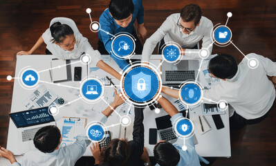 Fototapete - Top view diverse office worker join hand together in office room symbolize business synergy and strong productive teamwork in workplace. Cooperation and unity between business employee. Prudent Amity