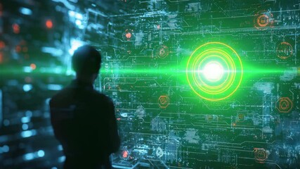 Fototapete - A person stands before a futuristic digital interface filled with glowing data and holographic elements.