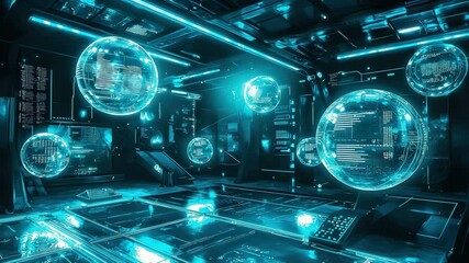 Aufkleber - A futuristic control room with glowing blue holographic spheres displaying digital data and interfaces.