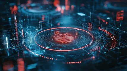 Poster - A glowing digital interface with circuit-like patterns and a central red ring, suggesting advanced technology or data visualization.