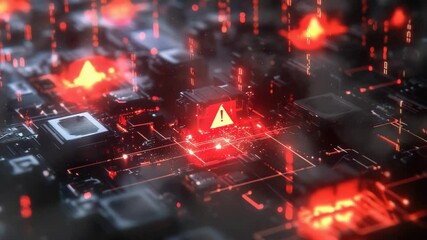 Fototapete - A glowing computer microchip on a circuit board, illuminated with vibrant red digital lights, creating a futuristic technology vibe.