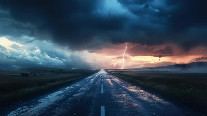 Wall Mural - Dramatic road view under stormy sky with lightning strikes